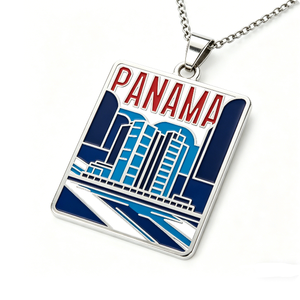 Collar con Colgante de Esmalte de Ángel del Paisaje Urbano de Panamá - Joyería de Recuerdo de Viaje Chapada en Plata con Troquelado e Impresión para Graduación y Aniversario - Product Image 1