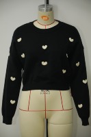 Pull en tricot à motif cœur pour femme, col ras du cou, manches longues, décontracté, mignon, coupe courte