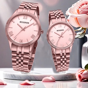 Montre-bracelet analogique de luxe personnalisée avec logo pour hommes et femmes, argentée et rose, avec bracelet en cuir et cadran en verre de 40 mm, style tendance - Product Image 2