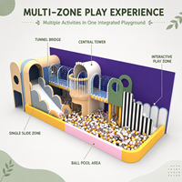 Structure de jeu intérieure commerciale pour enfants, colorée, sûre et douce, avec piscine à balles, toboggan et structure d'escalade, thème pastel