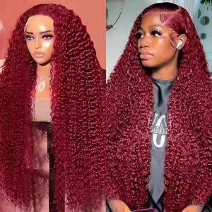 99J Burgunderrote 100% Echthaar-Perücken 30-40 Zoll Deep Wave 13x4 Lace Front Perücke 13x6 Rot Lockig für Lace Frontal Perücken HD Wasser-Kinky - Product Image 1
