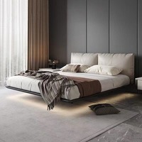 Muebles de dormitorio modernos de estilo minimalista italiano, marco de cama de madera maciza, diseño de cama flotante suave de cuero