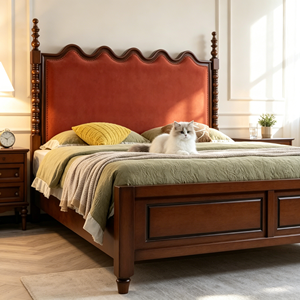 New Arrival Wavy Scalloped Upholstered Four Poster Solid Wood Bed with Matching Dresser & Nightstands - Product Image 2