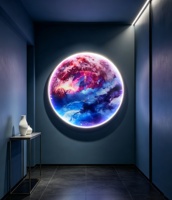 Décoration Murale Ronde LED : Affiches et Impressions Artistiques Colorées Lune et Nébuleuse, Tableau Luxe Terre sur Toile Encadrée
