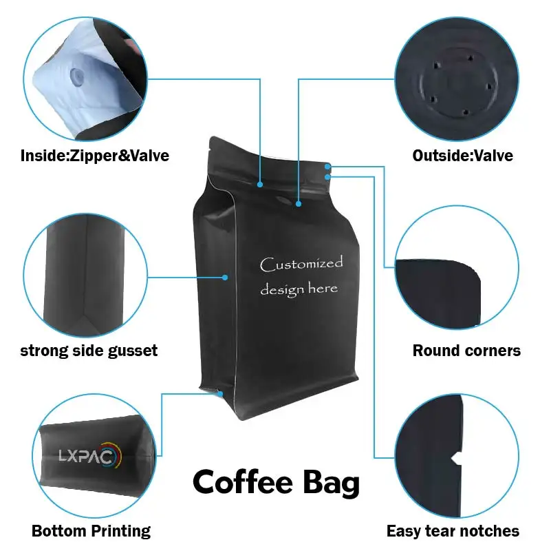 Free Sample Resealable 1kg 500g 250g Matt Flat Bottom Bags Coffee Pouch Packaging With Zipper And Valve