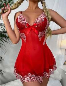 Camisola Roja de Malla Suave Sfy2179, Vestido Transparente para Mujer, Sexy con Lazo, Ropa de Dormir Corta, Pijama con Tanga, Lencería Erótica - Product Image 3