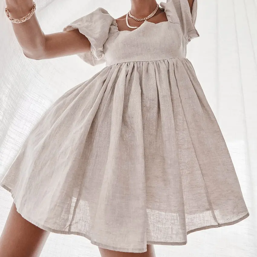 एन्यामी समर बोहो ठाठ रोमांटिक सुरुचिपूर्ण कॉटन लिनन पफ शॉर्ट्स आस्तीन फीता डिजाइन आरामदायक ए-लाइन महिला मिनी ड्रेस