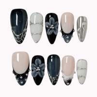 Faux ongles à presser en acrylique noir, gris, amande, avec fleurs 3D, perles métalliques et lignes argentées effet craquelé, taille moyenne, lot de 10 pièces, pour supermarché