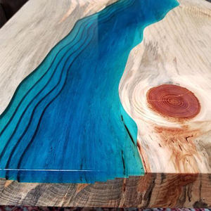 Tavolo da Pranzo in Legno Massello con Resina Epossidica Effetto Fiume, Tavolo in Legno Bordo Vivo con Resina Blu Trasparente, Arredamento Moderno per Ristoranti e Caffè - Product Image 3