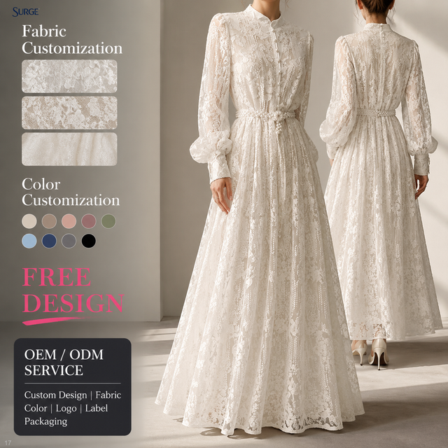 Custom Other Fabric White Casual Midi Dresses for Women Stand Collar Floral Lace Pearl Button Puff Sleeve A Line Party Dress