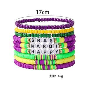 Mardi Gras Bracelet <b>Set</b> Polymer <b>Clay</b> Letter Beads Multi Layered Colorful Jewelry Gift Unisex Party Accessory - Product Image 5