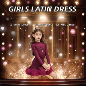 Traje de Baile Latino para Niñas, Vestido de Manga Larga con Falda de Terciopelo de Poliéster, Disfraz para Samba, Rumba, Jazz, Cha Cha - Product Image 2