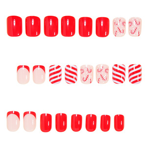 24 faux ongles à presser, nouveau modèle de Noël, motif canne à sucre rouge, style French Manucure, classiques à rayures rouges et blanches, festifs, vente en gros - Product Image 2