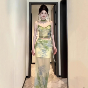 Traditional Chinese Women Two Piece Set Printed Top And Long Skirt Green Party Casual Wear Polyester Fiber - Product Image 4