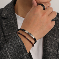 Bracelet de luxe pour homme en acier inoxydable 316 noir élégant avec incrustation de zircon 5A et cuir PU – Vente en gros de bijoux haut de gamme tendance