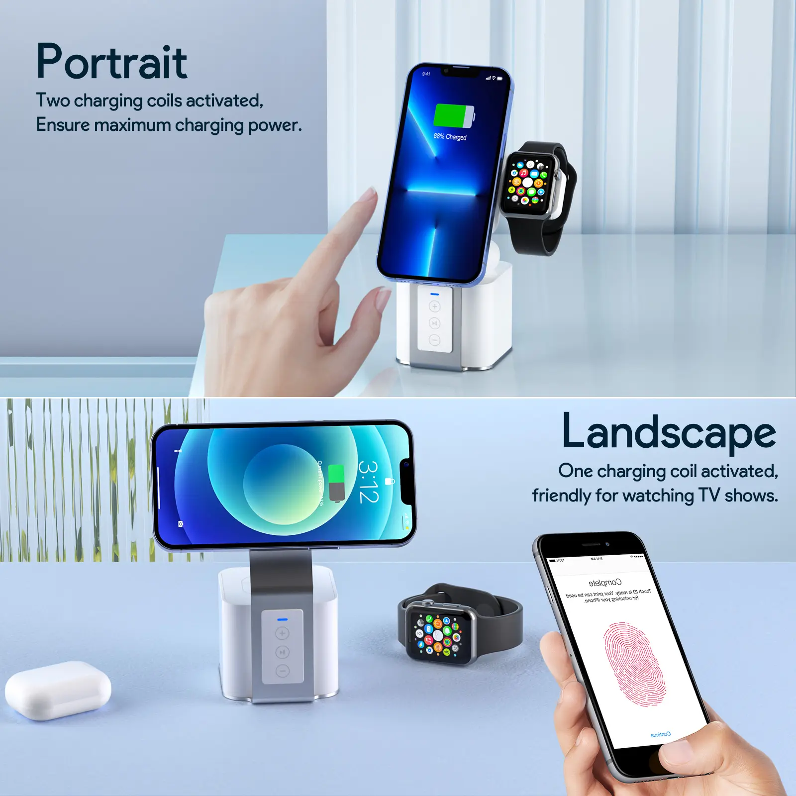 2024 New Product 4 in 1 Wireless Fast Charger Phone Charger Stand with Bluetooth Speaker Qi Certified for AirPods for Applewatch