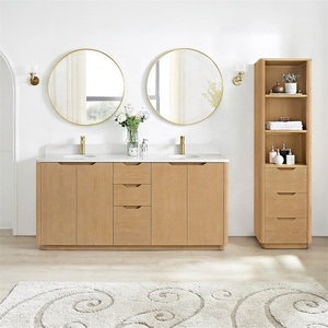 Tocador de baño moderno de madera Lavabo doble independiente Lavabo Tocador de baño en <span class=keywords><strong>roble</strong></span> <span class=keywords><strong>claro</strong></span> con parte superior de tocador de cuarzo blanco - Product Image 3