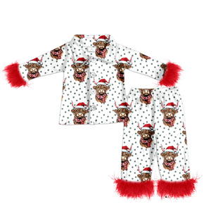 Précommande Bébé Filles Noël Vacances Vaches Bonbons Manches Longues À Volants Top Pantalon Fourrure Pyjamas Boutique Filles Lounge Wear Vêtements - Product Image 2