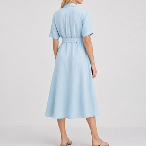 <span class=keywords><strong>Abito</strong></span> Camicia in <span class=keywords><strong>Lino</strong></span> <span class=keywords><strong>Azzurro</strong></span> Chiaro da Donna con Cintura, Vestito Midi a Linea A con Maniche Corte Personalizzabile - Product Image 2