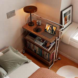 Solid Wood Movable Bedside <b>Table</b> With Wheels <b>Walnut</b> Color Nightstand For Bedroom Living Room Storage Shelf - Product Image 1