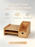 Organisateur de rangement en bambou naturel avec 2 tiroirs, boîte de rangement de bureau multi-usages pour cosmétiques, papeterie, thé