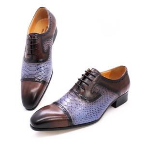 Chaussures habillées formelles en cuir grainé <span class=keywords><strong>bleu</strong></span> serpent, nouvelle mode 2021, patchwork, lacets, chaussures Oxford pour hommes, vente en gros d'usine - Product Image 4