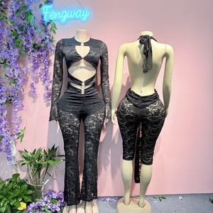 Ensemble deux pièces d'été décontracté pour <span class=keywords><strong>femme</strong></span> 2026 : <span class=keywords><strong>haut</strong></span> court à col rond et manches longues avec pantalon moulant en Spandex/Polyester, idéal pour les soirées - Product Image 3