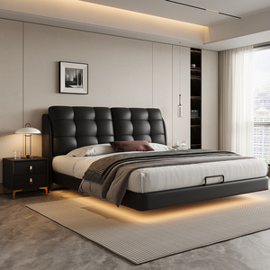 Tempat tidur mengambang berlapis kain Queen Modern dengan sistem lampu LED, rangka tempat tidur Platform mewah dan Set furnitur kamar tidur yang nyaman - Product Image 2