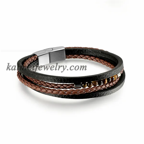 Custom Engraved Brown Black Genuine Leather Bracelet