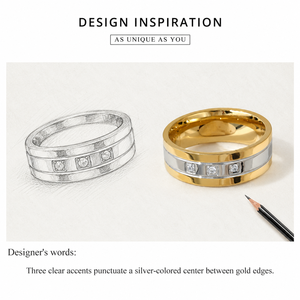 Anillo de Dos Tonos con Tres Circonitas, Acero Inoxidable, Chapado en Oro de 14K al Vacío, Joyería con Banda de Circonitas - Product Image 4