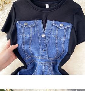 2024 nouveau col rond à manches courtes Patchwork longue en gros été <span class=keywords><strong>chemise</strong></span> <span class=keywords><strong>Jean</strong></span> Denim femmes mode tenue décontractée pour dames - Product Image 6