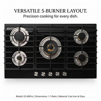 Table de cuisson encastrable 880 mm à 5 brûleurs, gaz liquéfié, allumage électronique, surface en verre, classe A, efficacité énergétique, usage domestique, prise EU