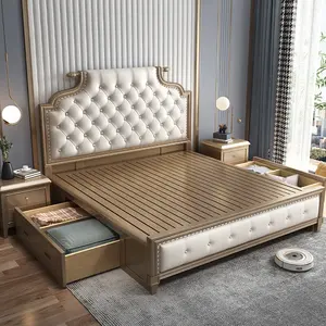 Kamar Tidur Utama, 2021 Mewah Ringan Kulit Modern Kayu Solid 1.8M Rangka Queen Ganda Bingkai Desainer Furnitur Tempat Tidur Antik