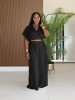 Ensemble de vêtements de détente pour femmes, style vacances, haut court à col en V, pantalon large à taille haute, ensemble décontracté en 2 pièces