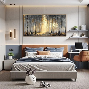 Arte <span class=keywords><strong>de</strong></span> pared enmarcado Bosque Otoñal, pintura decorativa abstracta en 3D con textura hecha a mano, decoración <span class=keywords><strong>de</strong></span> sala <span class=keywords><strong>de</strong></span> estar, lienzo dorado - Product Image 6