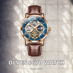 Montre homme OLVES 6670, entièrement automatique, en or rose, avec bracelet en cuir, design 3D, logo, résistante à l'eau, affichage du cadran à aiguilles - Product Image 2