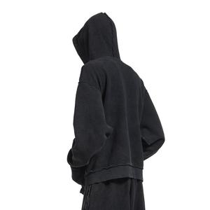 Nouvel Arrivage – Sweat à Capuche Décontracté pour Homme avec Logo Personnalisé, Fermeture Éclair, Noir Délavé, Automne-Hiver, Coton Lourd et Ample - Product Image 3