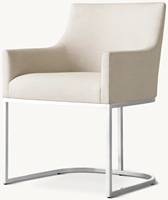 Fauteuil de salle à manger moderne à dossier haut incliné, enveloppé de lin crème, avec accoudoirs en forme de boîte et base cantilever en métal blanc poli