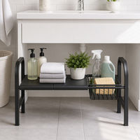 Étagère de rangement sous évier à un niveau avec 1 panier extensible, support de rangement pour armoire de cuisine, économiseur d'espace réglable, métal noir