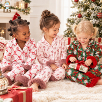 Guai Penjualan Panas Natal Set Piyama Anak dengan Hiasan Bulu Satin Lengan Panjang Kancing Depan Pakaian Tidur Liburan Anak Perempuan