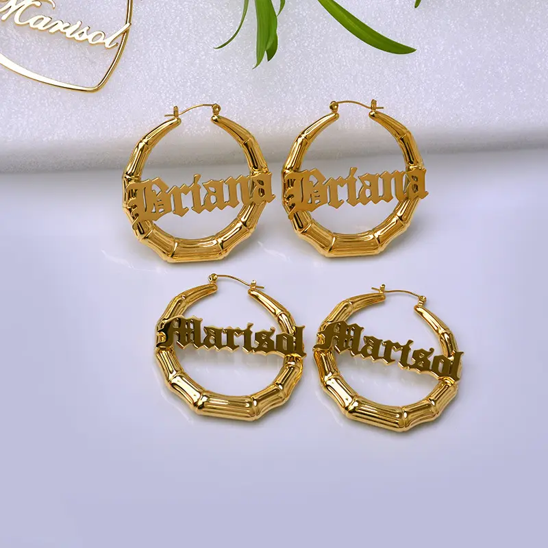 Sailing Jewelry Newest Gold Plated DIY Letter Bamboo Hoop Earrings Charming Trendy Stainless Steel Custom Name Earrings