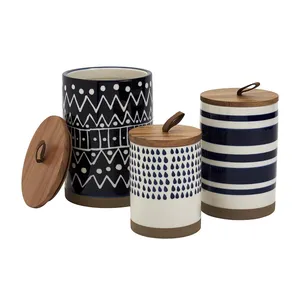 Ceramic Canister Collection Stoneware Designed Kitchen Storage Acacia Wood White Set 3 Piece Mayan Tribal Designed Canister