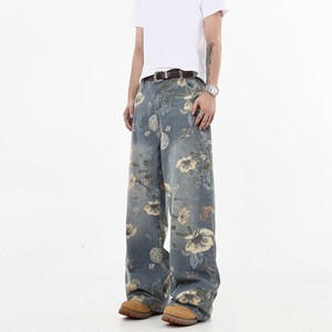 Pantalones de mezclilla unisex de cintura alta con estampado floral retro americano, diseño de nicho, pierna ancha y holgada, a la moda, para comercio exterior 2025 - Product Image 1