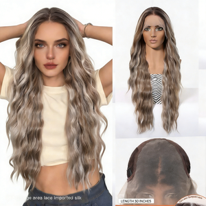 <span class=keywords><strong>Parrucca</strong></span> in pizzo naturale senza cuciture 13*6 a grande superficie, annodata a mano con filo di seta, da <span class=keywords><strong>donna</strong></span>, casual, con parte frontale, leggera, traspirante, grigio sfumato, ricci lungi - Product Image 1