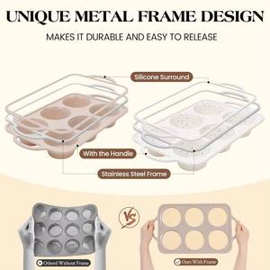 MUYULINS - Molde para Cupcakes de Silicona Grande, Color Beige, 6 Tazas, Antiadherente, Libre de BPA, con Marco Reforzado de Metal, Apto para Horno, Estilo Americano - Product Image 2