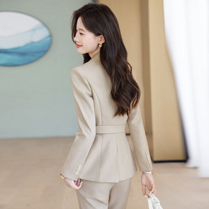 Women's Beige Suit Set Full Sleeve Polyester Spring Office Lady Anti-Wrinkle Wide Leg Pants Professional Formal Wear - Product Image 4