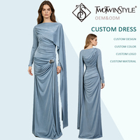 Nouvelle Robe Longue Bleue Élégante pour Femme, Col Rond, Manches Cape, Froncée sur le Côté, Boucle Métallique, Luxe, Soirée Gala, Vente en Gros