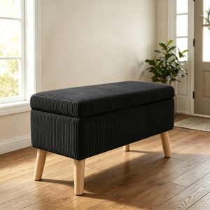 Olive Black Corduroy Storage Ottoman Bench 32 Inch Wide Wooden <b>Legs</b> Flip Top Soft Upholstered End Of Bed - Product Image 1