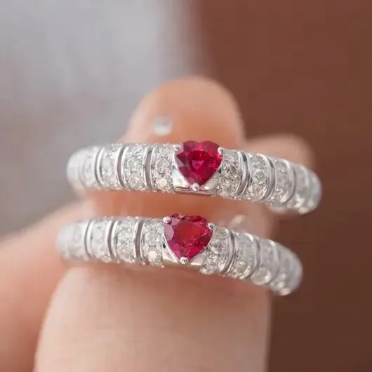 Set perhiasan batu permata mewah baru 18K cincin berlian alami asli emas putih cincin rubi merah berbentuk hati untuk wanita