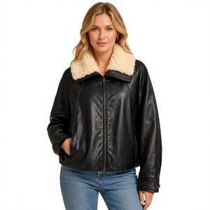 Chaqueta de cuero sintético para mujer, corta, ajustada, estilo bomber, con cuello alto, mangas largas, chaqueta de plumón. - Product Image 1